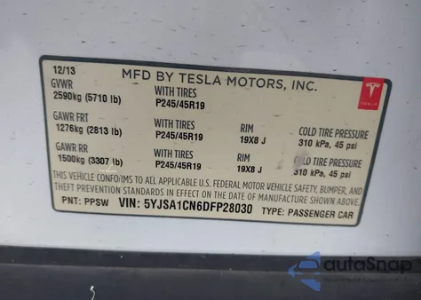 2013 Tesla Model S from USA, damaged, VIN 5YJSA1CN6DFP28030